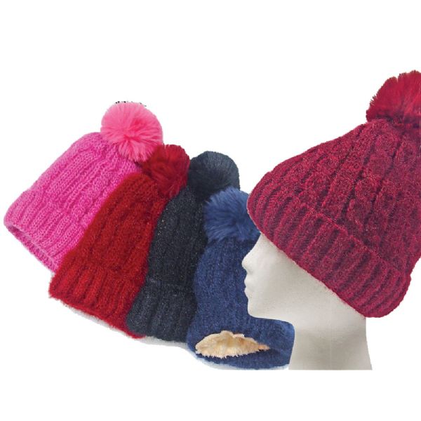 Cable Knit Fleece Lined Pom Pom Hat