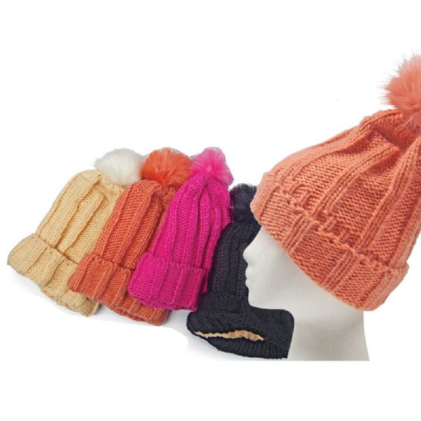 Cable Knit Fleece Lined Pom Pom Hat