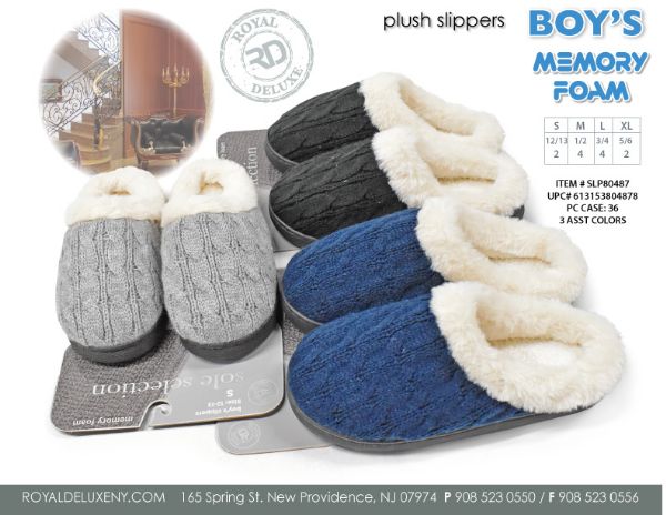 Boy's Sherpa Lined Cable Knit Memory Foam Slipper