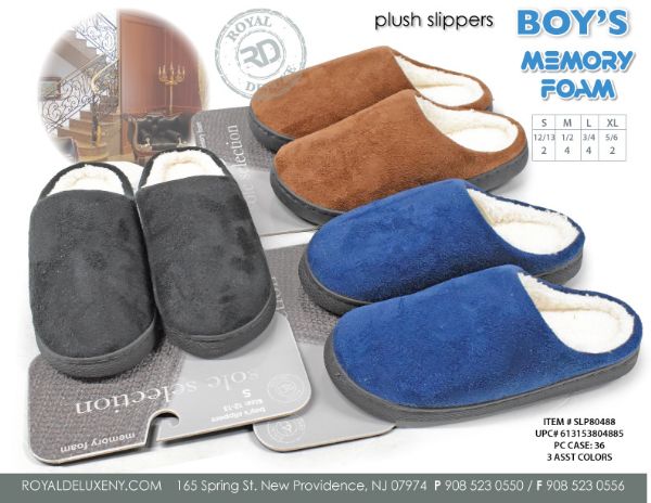 Boys Sherpa Lined Velour Top Memory Foam Slipper