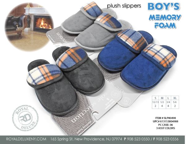 Boys Sherpa Lined Slippper With Plaid Top