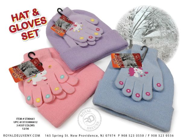 2pk Hat & Glove Set Unicorn